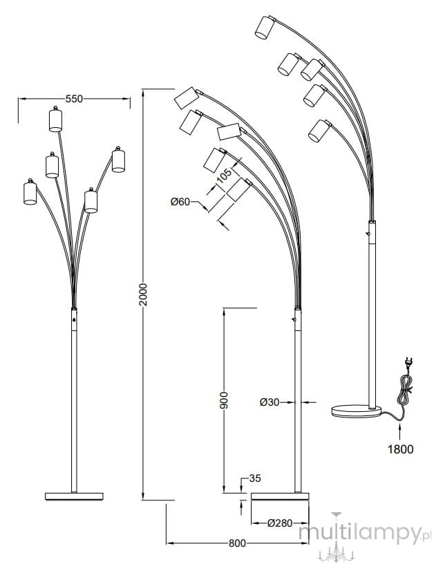 Lampa podłogowa Marley z pięcioma źródłami światła GU10, w kolorze niklowym. Konstrukcja z elastycznymi ramionami, wysokość 200 cm, szerokość 55 cm. Stabilna podstawa o średnicy 28 cm. Idealna do nowoczesnych wnętrz.
