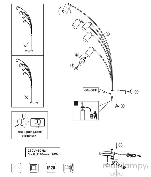 Lampa podłogowa Marley w kolorze niklu z pięcioma ruchomymi źródłami światła GU10. Stoi na okrągłej podstawie, z przełącznikiem ON/OFF. Kształt łuków pozwala na kierowanie światła w różnych kierunkach.