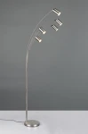 Lampa podłogowa Marley z pięcioma kloszami GU10 w kolorze niklu. Posiada smukły, prosty kształt z elastycznymi ramionami, które wyginają się w łuk. Stoi na okrągłej podstawie, z przewodem widocznym przy podstawie. Tło szare, minimalistyczne.