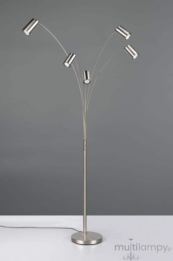 Lampa podłogowa Marley w kolorze niklowym z pięcioma regulowanymi reflektorami GU10, umieszczonymi na elastycznych ramionach. Stojąca na okrągłej podstawie, prezentuje nowoczesny design, idealna do różnych aranżacji wnętrz.