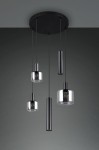 Lampa wisząca Mataro w kolorze czarnym z pięcioma źródłami światła E27/E14/GU10. Składa się z różnych wysokości cylindrycznych i szklanych kloszy, zawieszonych na cienkich linkach. Montowana na okrągłej podstawie.
