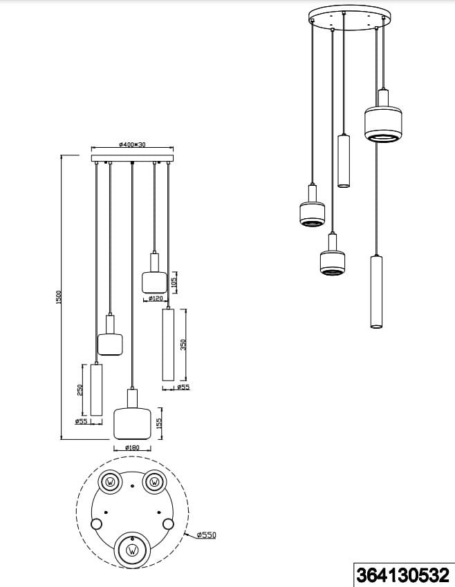 Lampa wisząca Mataro w kolorze czarnym z pięcioma miejscami na źródła światła E27/E14/GU10. Posiada różne długości zwisów, z okrągłym mocowaniem sufitowym o średnicy 55 cm. Wymiary poszczególnych elementów: 18,5 cm, 25 cm, 35 cm.