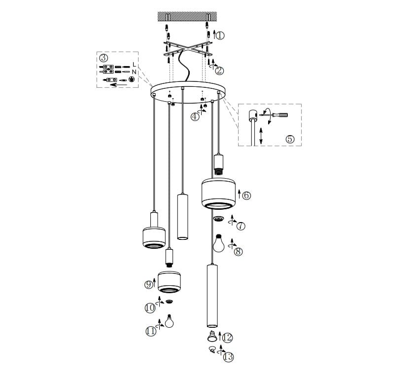 Lampa wisząca Mataro z pięcioma gniazdami E27/E14/GU10, w kolorze czarnym. Produkt zawiera różne długości zawieszeń, co umożliwia regulację wysokości. Elementy montażowe oraz instrukcja montażu są widoczne na schemacie.