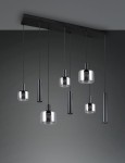 Lampa wisząca Mataro w kolorze czarnym z ośmioma źródłami światła E27/E14/GU10. Wisi na prostokątnej podstawie, z różnymi długościami szklanych kloszy i metalowych rur. Klosze mają przezroczyste boki, a całość utrzymana jest w nowoczesnym stylu.