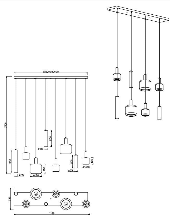Lampa wisząca Mataro w kolorze czarnym, z osiem miejscami na źródła światła E27/E14/GU10. Posiada sześć różnych kloszy o różnych kształtach i wysokościach, zawieszona na prostokątnej podstawie. Wymiary: 1150 mm x 200 mm x 30 mm.