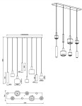 Lampa wisząca Mataro w kolorze czarnym, z osiem miejscami na źródła światła E27/E14/GU10. Posiada sześć różnych kloszy o różnych kształtach i wysokościach, zawieszona na prostokątnej podstawie. Wymiary: 1150 mm x 200 mm x 30 mm.