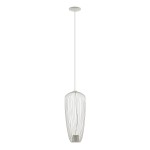 Lampa wisząca Pumpkin S w jasnoszarym kolorze, o metalowej, ażurowej konstrukcji w kształcie elipsy. Zawieszona na cienkim przewodzie, przeznaczona na żarówkę GU10. Prosty, minimalistyczny design, idealna do nowoczesnych wnętrz.
