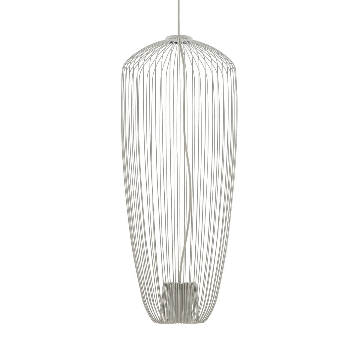 Lampa wisząca Pumpkin S w jasnoszarym kolorze, wykonana z cienkich metalowych prętów, o owalnym kształcie. Zawieszona na cienkim przewodzie, z miejscem na żarówkę GU10, ukazuje nowoczesny design i lekką strukturę.