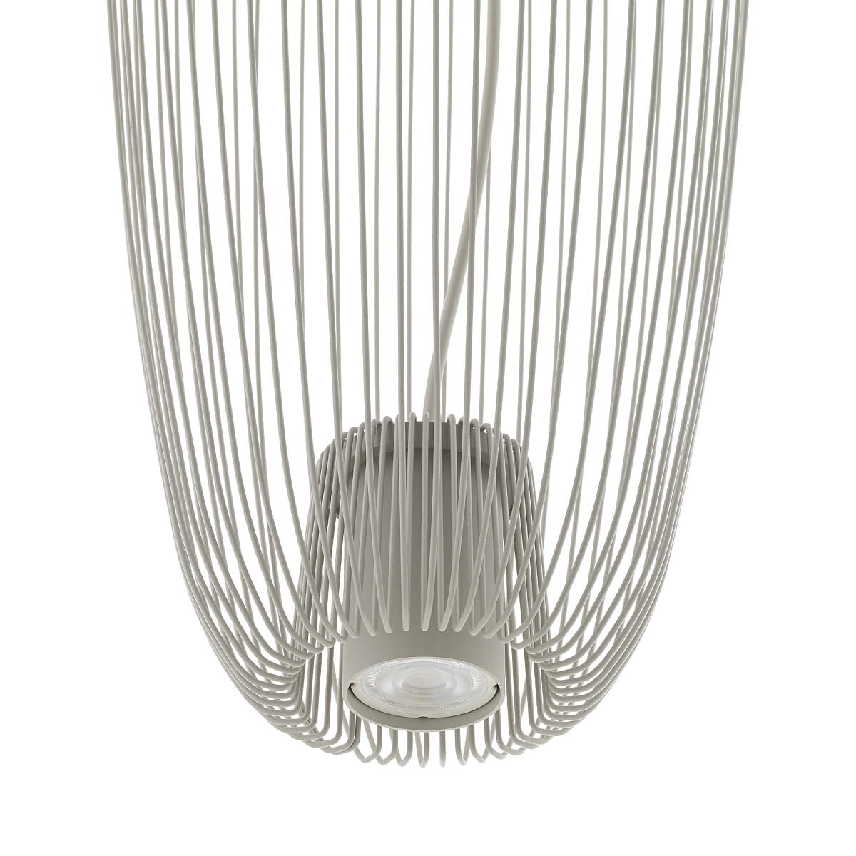 Lampa wisząca Pumpkin S w kolorze jasnoszarym, wykonana z cienkich metalowych prętów, z oprawą na jedną żarówkę GU10. Ujęcie z dołu, ukazujące szczegóły konstrukcji oraz miejsce na żarówkę. Design nowoczesny i minimalistyczny.