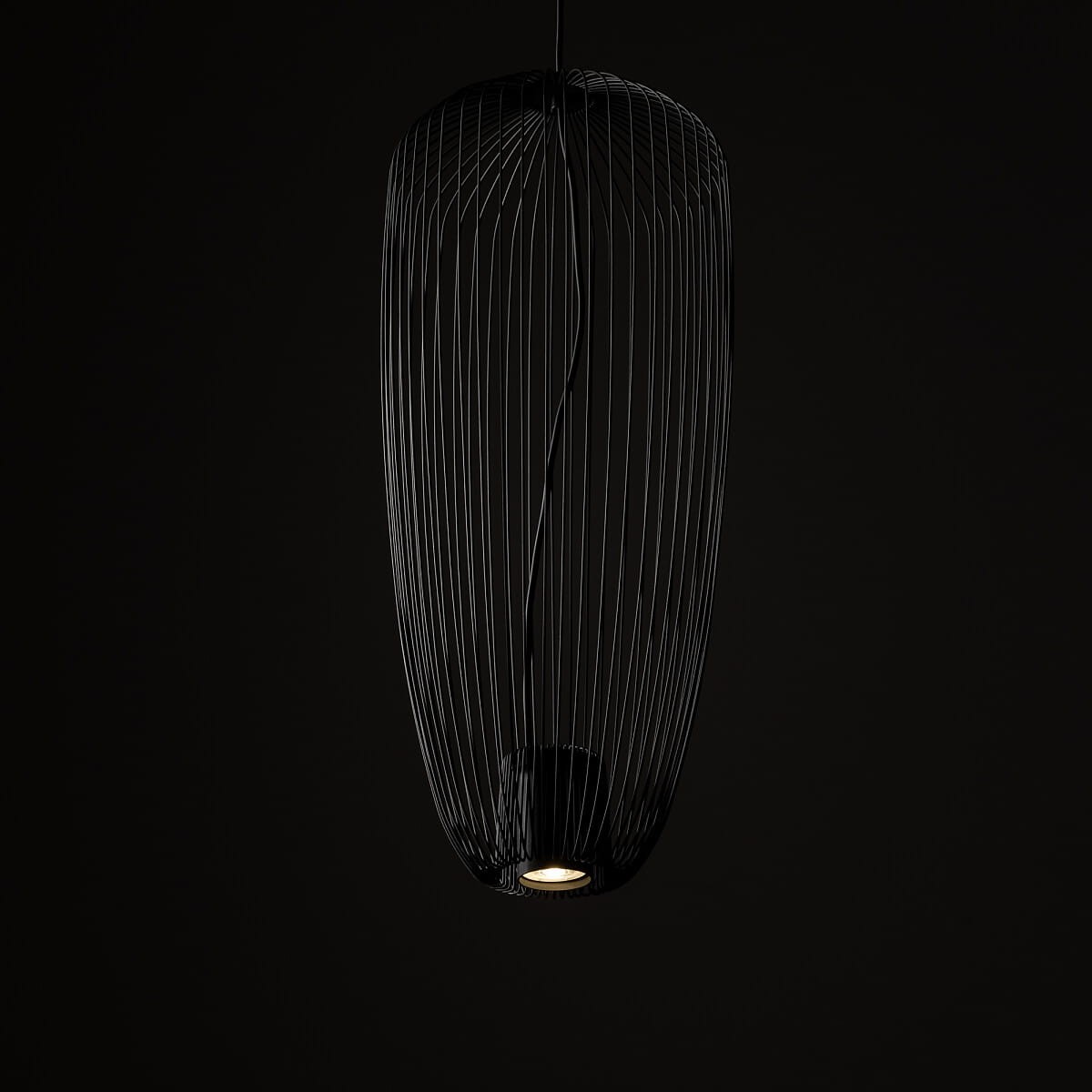 Lampa wisząca Pumpkin S w kolorze szarym, wykonana z cienkich metalowych prętów, o owalnym kształcie. Zawieszona na cienkim przewodzie, z miejscem na jedną żarówkę GU10. Tło ciemne, podkreślające nowoczesny design.