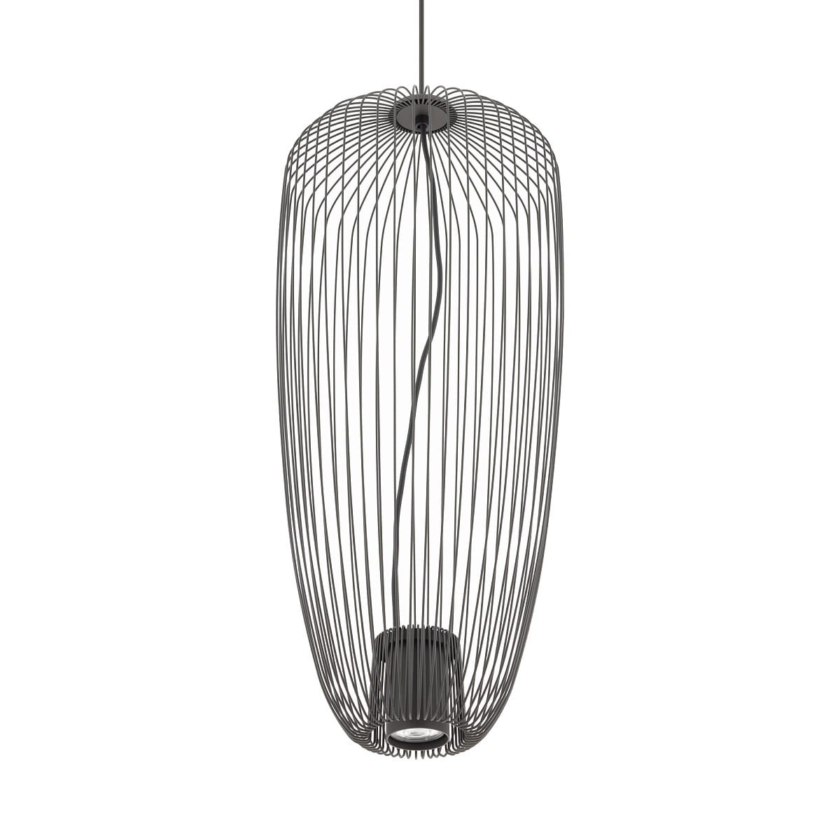 Lampa wisząca Pumpkin S w kolorze szarym, wykonana z cienkich metalowych prętów w kształcie owalnym. Posiada oprawę na żarówkę GU10, zawieszona na cienkim przewodzie. Ujęcie frontalne, na białym tle.
