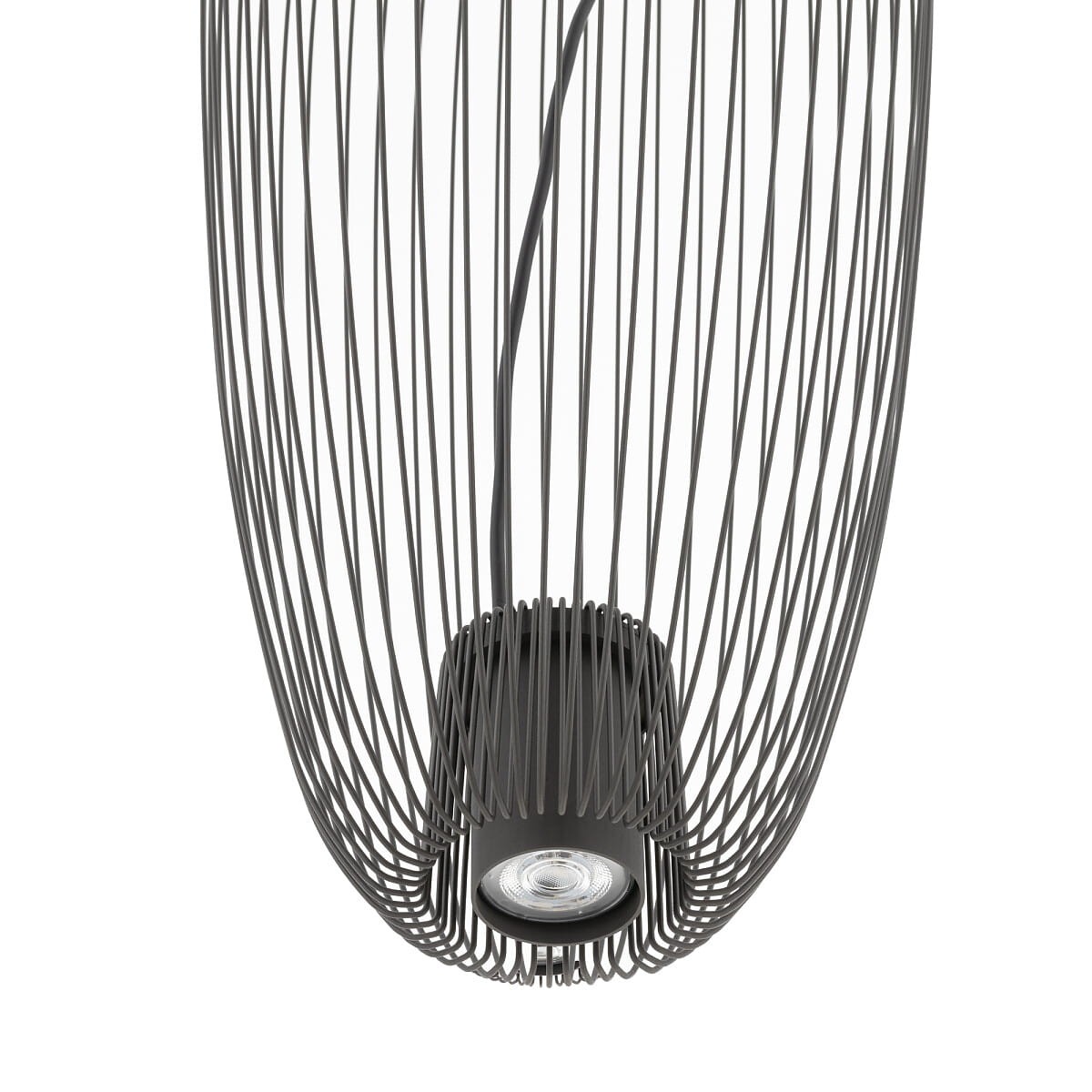 Lampa wisząca Pumpkin S w kolorze szarym, z metalową siatką, zawiera jedno miejsce na żarówkę GU10. Widok z góry, pokazujący kształt klosza i podstawkę z miejscem na źródło światła. Kabel zasilający w czarnym kolorze.