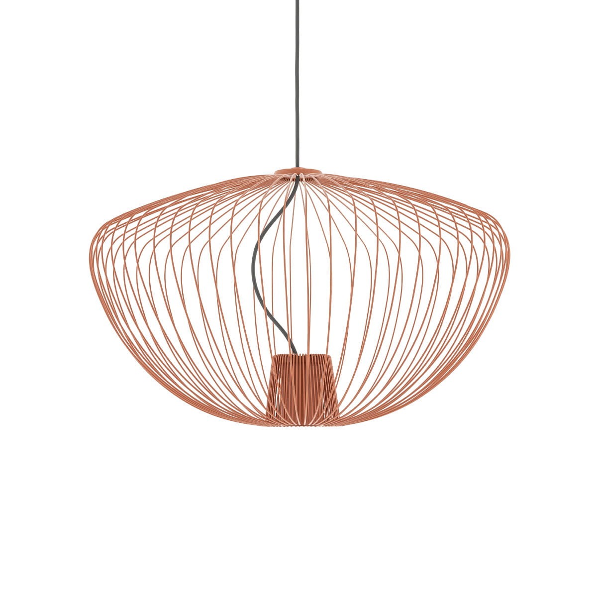 Lampa wisząca Pumpkin M w kolorze ceglastym, wykonana z cienkich metalowych prętów w formie owalnej, z widocznym miejscem na żarówkę GU10. Zawieszona na czarnym przewodzie, prezentuje nowoczesny design.