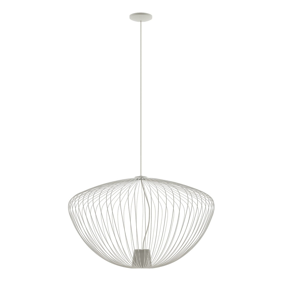Lampa wisząca Pumpkin L w jasnoszarym kolorze, z metalową siatką w kształcie kopuły. Ujęcie frontalne, zawieszona na cienkim kablu. Wewnątrz miejsce na żarówkę GU10. Tło białe, co podkreśla minimalistyczny design.