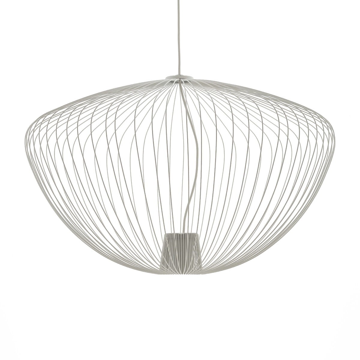 Lampa wisząca Pumpkin L w kolorze jasnoszarym, wykonana z cienkich metalowych drutów tworzących opalizującą, owalną formę. Ujęcie z przodu, zawieszona na długim przewodzie. Przeznaczona na żarówkę GU10.