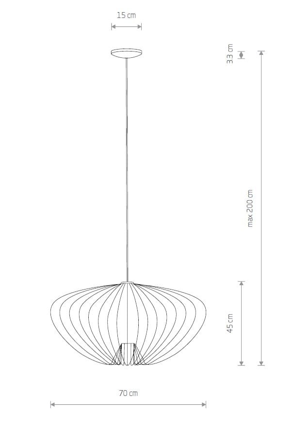 Lampa wisząca Pumpkin L w kolorze szarym, o średnicy 70 cm i wysokości 45 cm, z zawieszeniem do 200 cm. Posiada jedną oprawę na żarówkę GU10, z siatkowymi detalami w formie falistych linii. Widok frontalny, z widocznymi wymiarami.