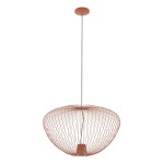 Lampa wisząca Pumpkin L w kolorze ceglastym, wykonana z cienkiego drutu, posiada jedną oprawę GU10. Zawieszona na długim przewodzie, ma okrągły kształt z siatkowatą strukturą, co nadaje jej lekkości. Tło białe, podkreślające produkt.