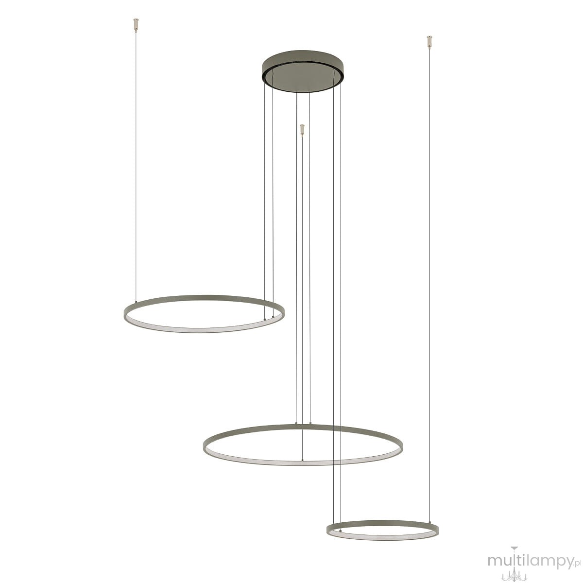 Lampa wisząca Circolo D125 w kolorze oliwkowym, z trzema okrągłymi ramionami. Wykonana z metalu, z zamontowanymi diodami LED o mocy 45W i temperaturze barwowej 3000K. Zawieszona na cienkich linkach, z okrągłym, płaskim sufitem.
