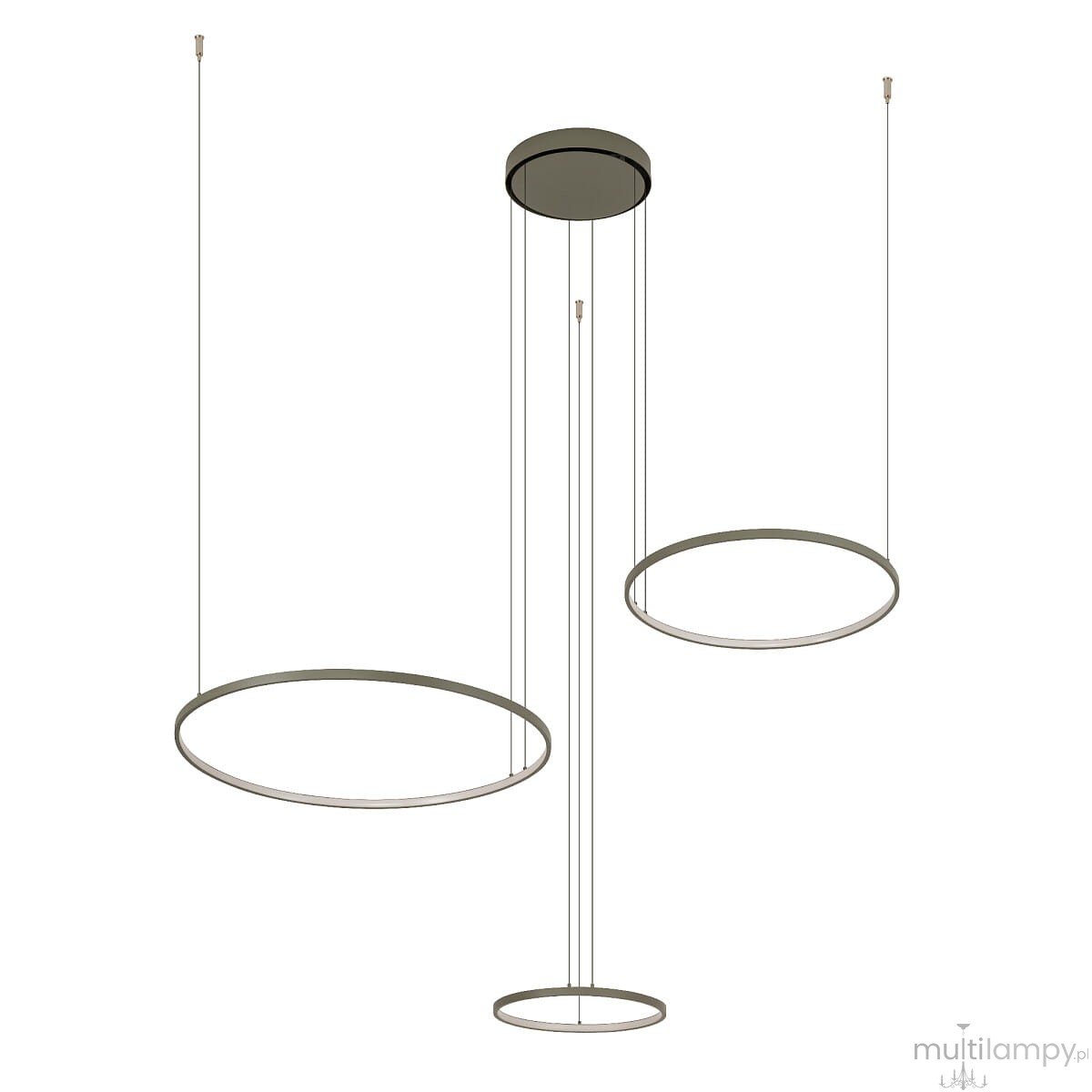 Lampa wisząca Circolo D125 w kolorze oliwkowym z trzema okrągłymi elementami LED. Zawieszona na cienkich linkach, z okrągłą podstawą sufitową. Wymiary okręgów różnią się, tworząc nowoczesny efekt świetlny.
