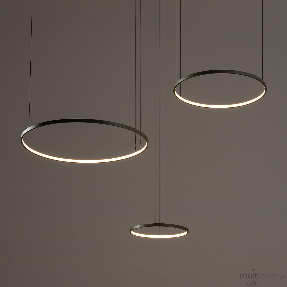 Lampa wisząca Circolo D125 z trzema okrągłymi, metalowymi ramami w kolorze oliwkowym, zawieszonymi na cienkich linkach. Źródło światła LED o mocy 45W i temperaturze barwowej 3000K, emitujące ciepłe światło. Ujęcie frontalne.