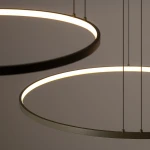 Lampa wisząca Circolo D125 w kolorze oliwkowym z trzema źródłami światła LED o mocy 45W i temperaturze 3000K. Posiada dwa okrągłe, metalowe pierścienie zawieszone na cienkich linkach, emitujące ciepłe światło.