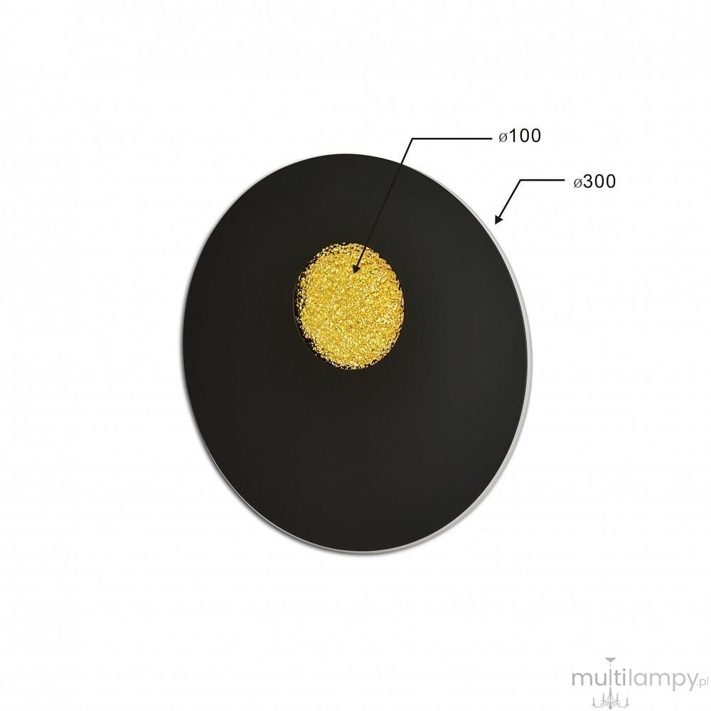 Kinkiet Savelo w kolorze czarnym z dwoma diodami LED, o średnicy 300 mm, z centralnym złotym akcentem o średnicy 100 mm. Zawieszony na białym tle, ukazujący minimalistyczny design i elegancki wygląd.