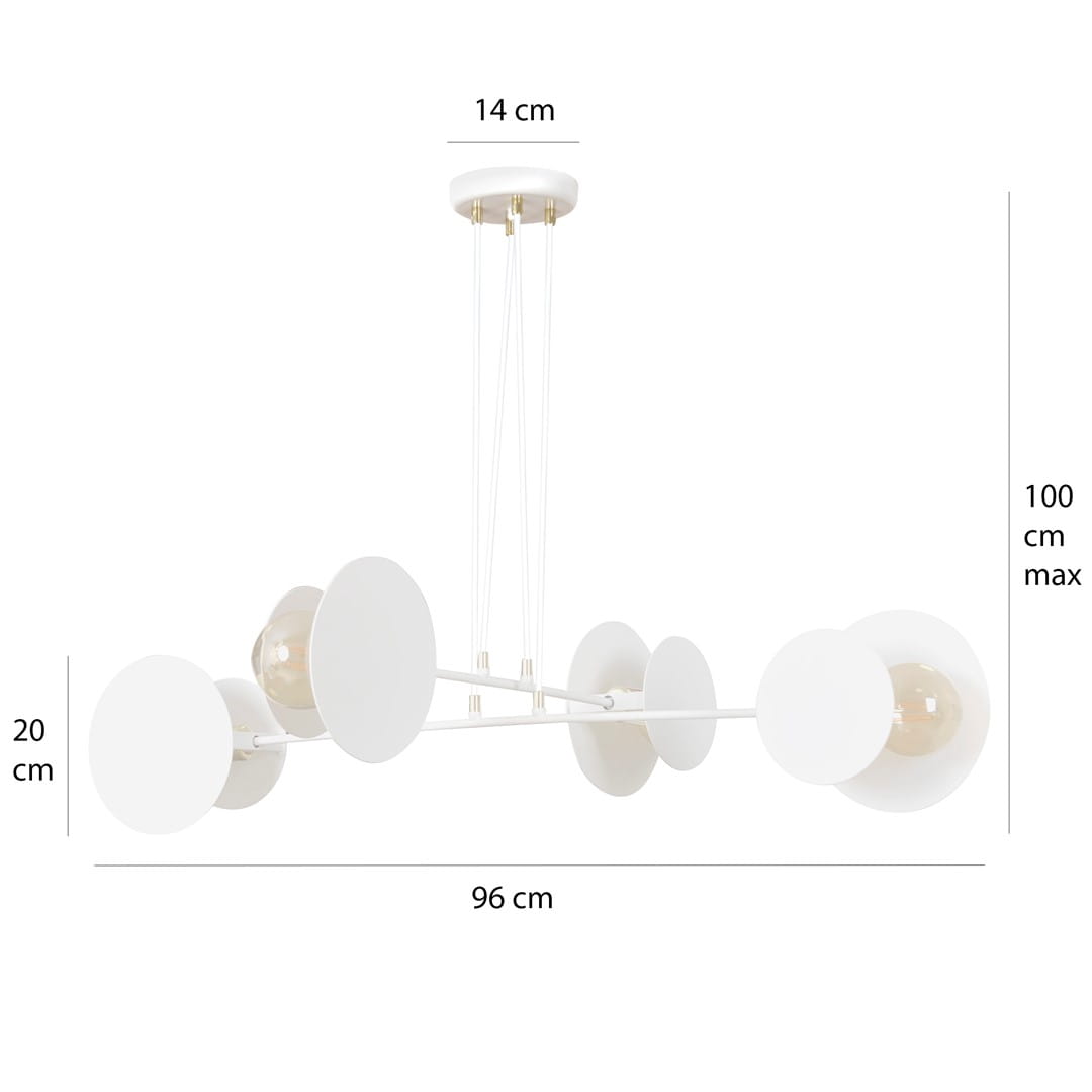 Lampa wisząca Idea w kolorze białym z czterema okrągłymi kloszami. Ułożona poziomo, z regulowaną długością zawieszenia do 100 cm. Wymiary: 96 cm szerokości, 20 cm wysokości, 14 cm średnicy mocowania. Prosty design idealny do nowoczesnych wnętrz.