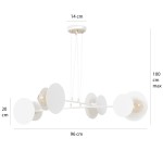 Lampa wisząca Idea w kolorze białym z czterema okrągłymi kloszami. Ułożona poziomo, z regulowaną długością zawieszenia do 100 cm. Wymiary: 96 cm szerokości, 20 cm wysokości, 14 cm średnicy mocowania. Prosty design idealny do nowoczesnych wnętrz.