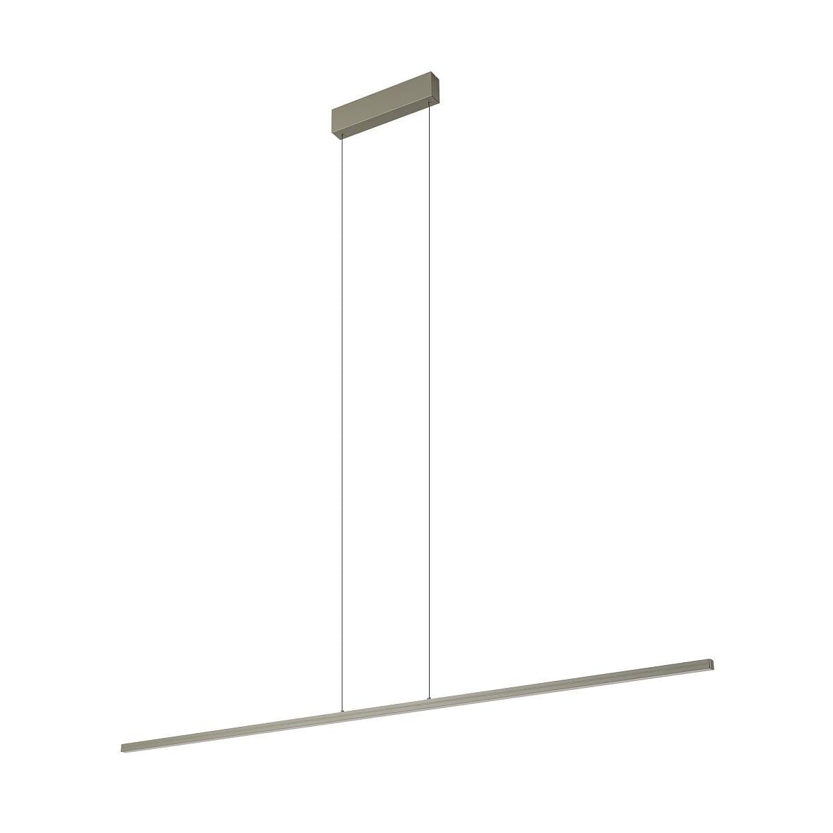 Lampa wisząca Bar L150 w kolorze oliwkowym, z pojedynczym źródłem światła LED o mocy 32W i temperaturze barwowej 3000K. Posiada prostokątny, metalowy element montażowy oraz długi, smukły klosz zawieszony na cienkich linkach.