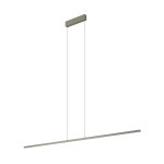Lampa wisząca Bar L150 w kolorze oliwkowym, z pojedynczym źródłem światła LED o mocy 32W i temperaturze barwowej 3000K. Posiada prostokątny, metalowy element montażowy oraz długi, smukły klosz zawieszony na cienkich linkach.