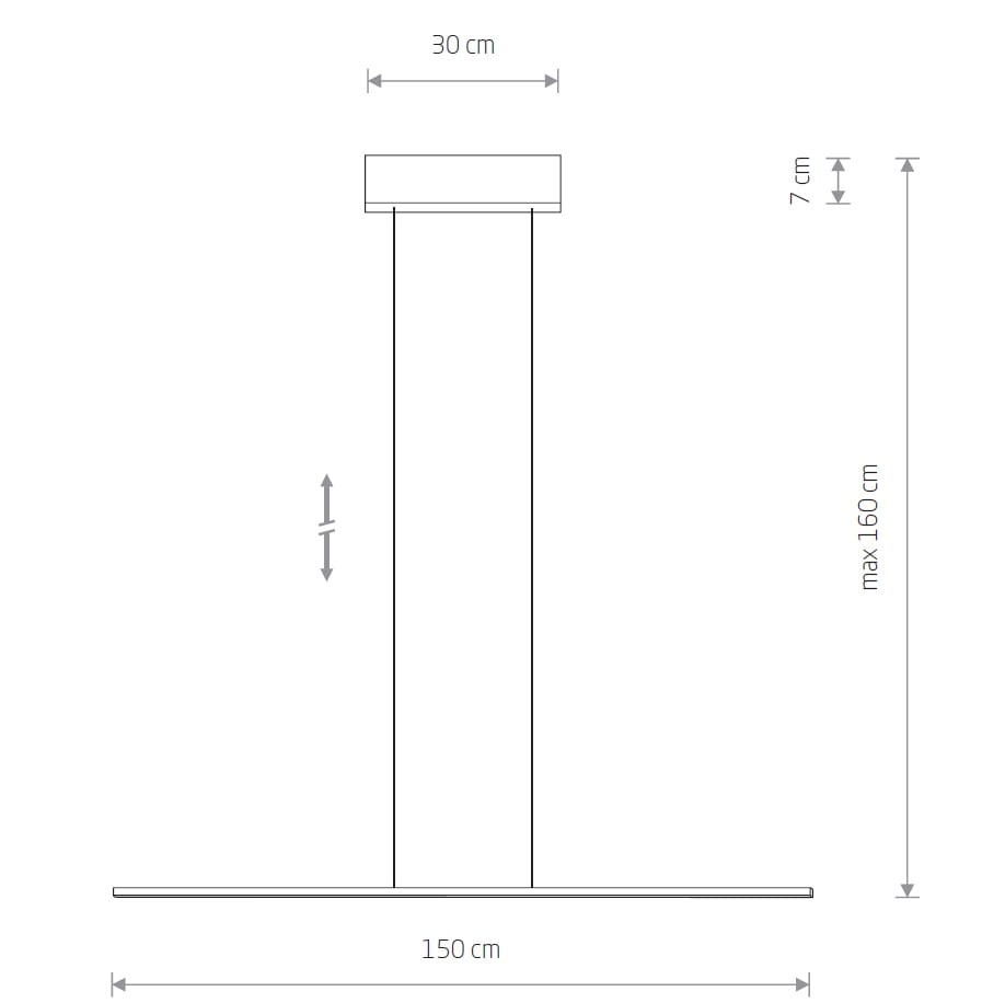 Lampa wisząca Bar L150 w kolorze oliwkowym, z jedną diodą LED o mocy 32W i barwie światła 3000K. Wymiary: długość 150 cm, szerokość 30 cm, wysokość max 160 cm, podstawka o grubości 7 cm. Prosta konstrukcja, idealna do nowoczesnych wnętrz.