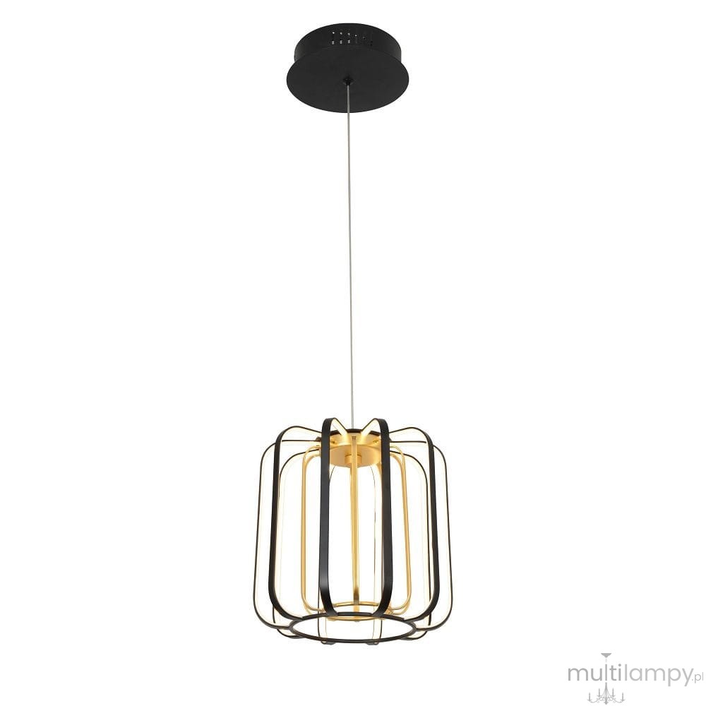 Lampa wisząca Xara z jedną diodą LED o mocy 17W, w kolorze czarnym i złotym. Konstrukcja z metalowych szczebli w kształcie prostokąta, zawieszona na cienkim przewodzie, z okrągłym mocowaniem sufitowym. Prosta forma, nowoczesny design.