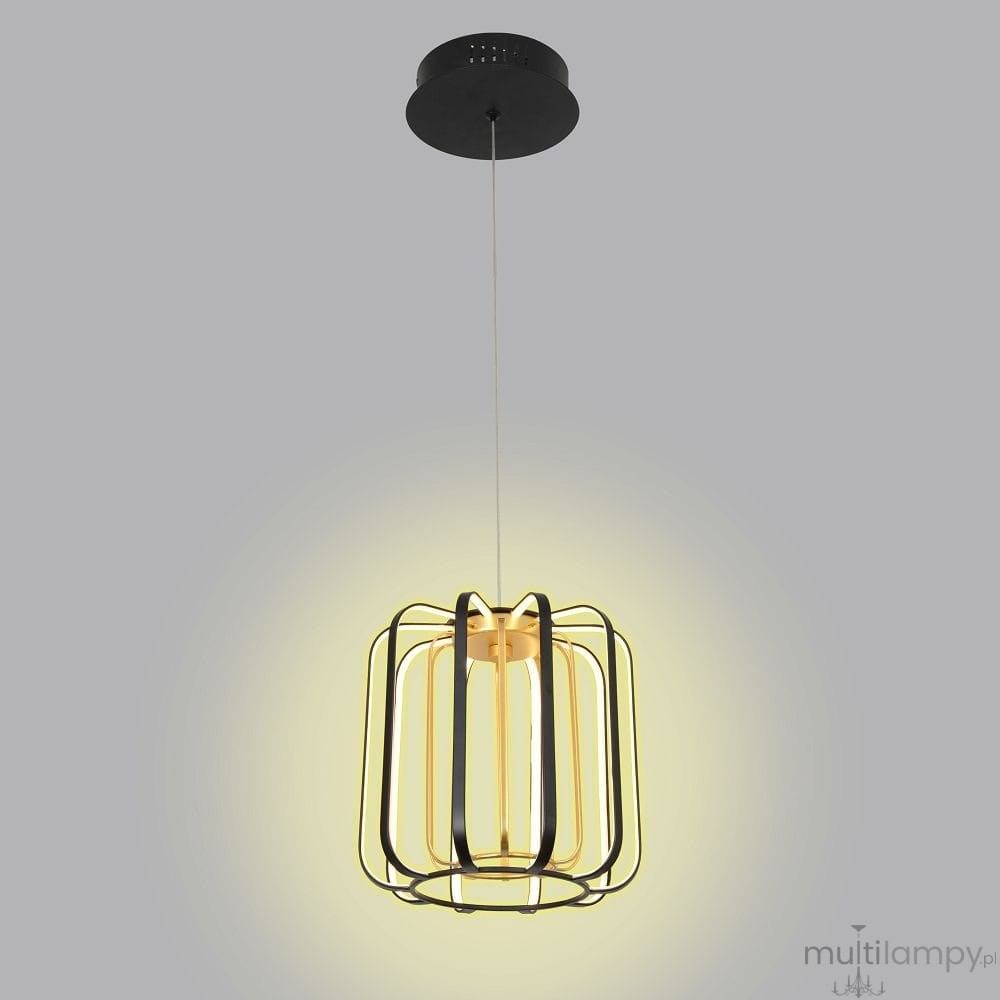 Lampa wisząca Xara w kolorze czarnym i złotym, z jedną diodą LED 17W. Posiada metalowy klosz w formie ażurowej konstrukcji, wisi na cienkim przewodzie, emitując ciepłe światło. Świetna do nowoczesnych wnętrz.