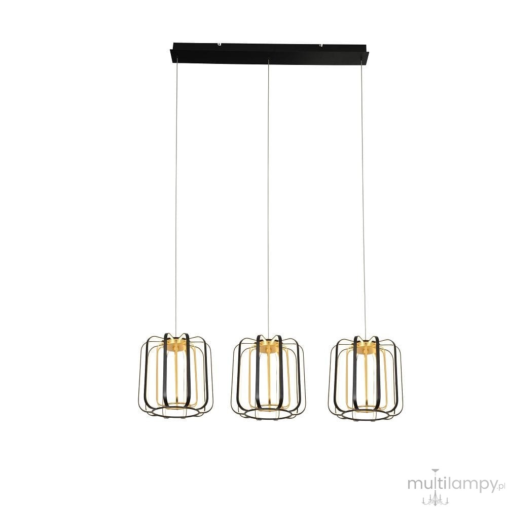 Lampa wisząca Xara z trzema kloszami LED o mocy 45W, w kolorze czarnym i złotym. Klosze w metalowej siatce zawieszone na cienkich linkach, montowane do prostokątnej podstawy sufitowej w kolorze czarnym.