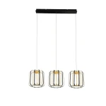 Lampa wisząca Xara z trzema kloszami LED o mocy 45W, w kolorze czarnym i złotym. Klosze w metalowej siatce zawieszone na cienkich linkach, montowane do prostokątnej podstawy sufitowej w kolorze czarnym.