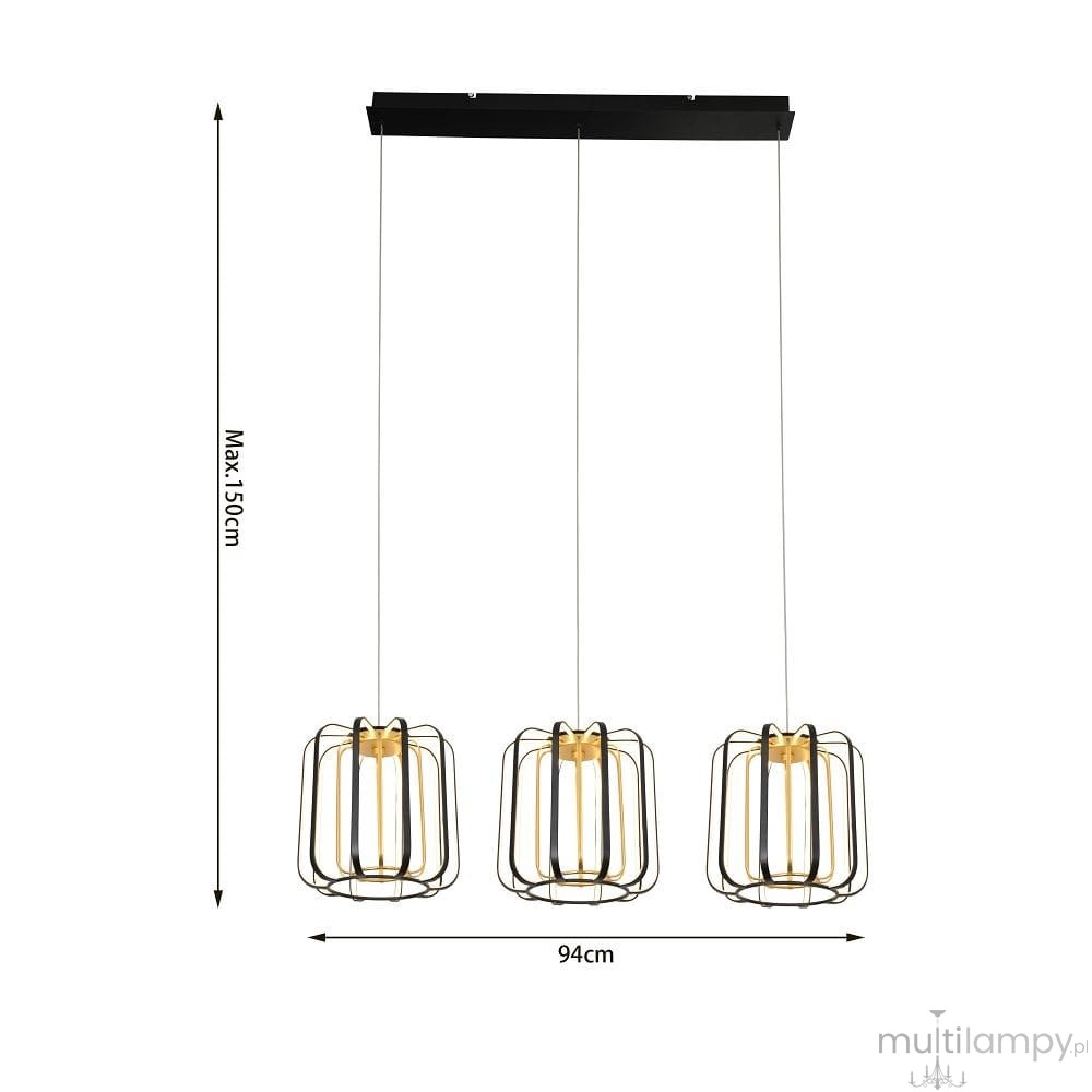 Lampa wisząca Xara z trzema kloszami LED, czarna z złotymi akcentami. Klosze w formie siatki, zawieszone na cienkich linkach, montowane do prostokątnej podkładki. Wymiary: długość 94 cm, maksymalna wysokość 150 cm.