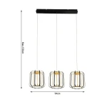 Lampa wisząca Xara z trzema kloszami LED, czarna z złotymi akcentami. Klosze w formie siatki, zawieszone na cienkich linkach, montowane do prostokątnej podkładki. Wymiary: długość 94 cm, maksymalna wysokość 150 cm.