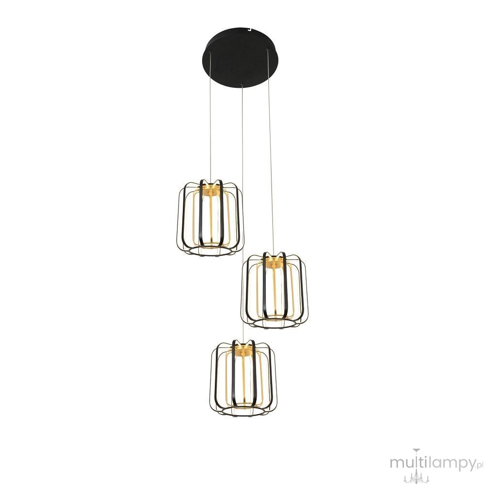 Lampa wisząca Xara z trzema źródłami LED, kolor czarny z elementami złotymi. Otwarta konstrukcja z metalową siatką, zawieszona na cienkich linkach. Kąt ujęcia frontalny, na jednolitym tle.