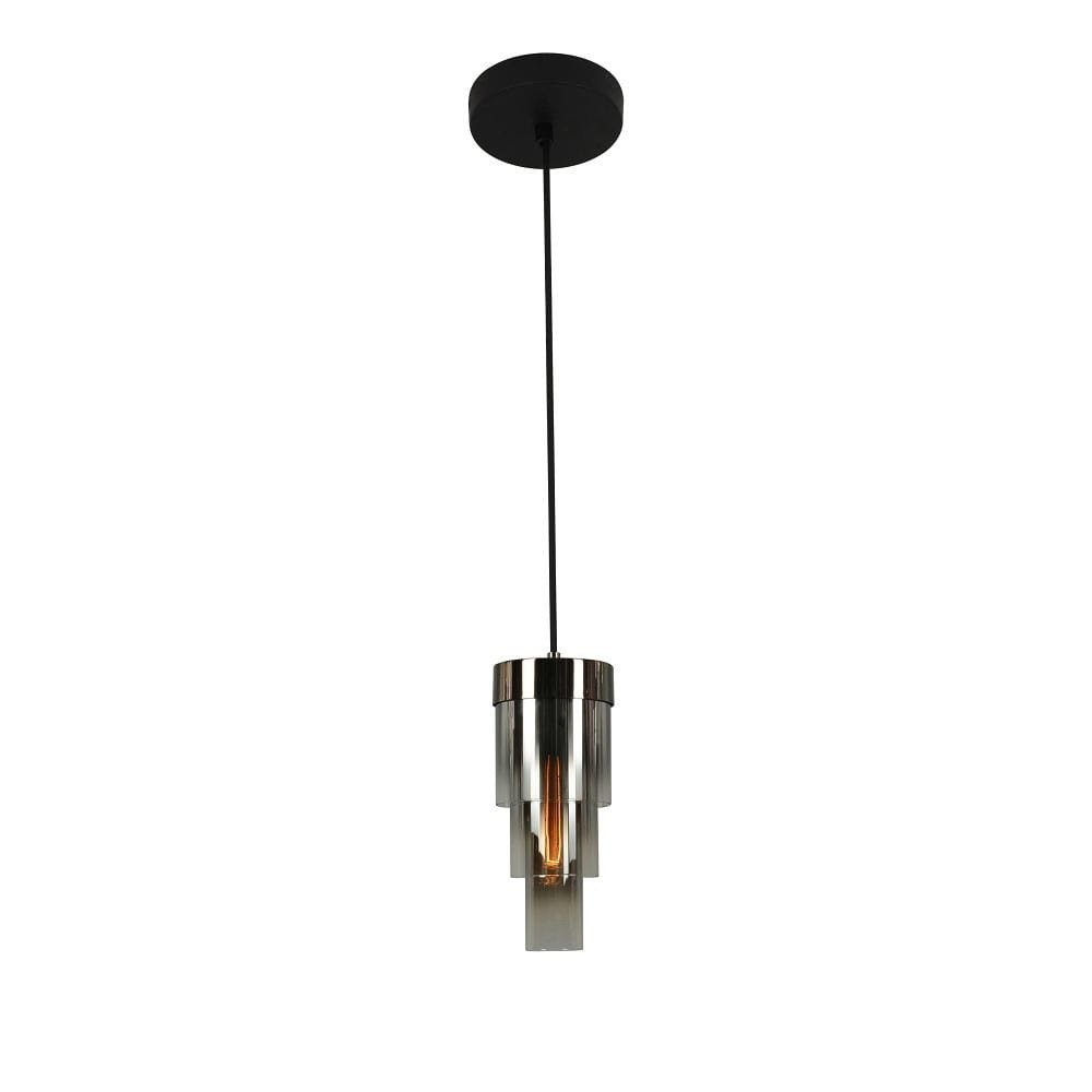Lampa wisząca Grans z jedną żarówką E27 w kolorze czarnym i chromowanym. Posiada cylindryczny kształt, wykonana z przezroczystego materiału. Zawieszona na cienkim, czarnym przewodzie z okrągłym mocowaniem sufitowym.