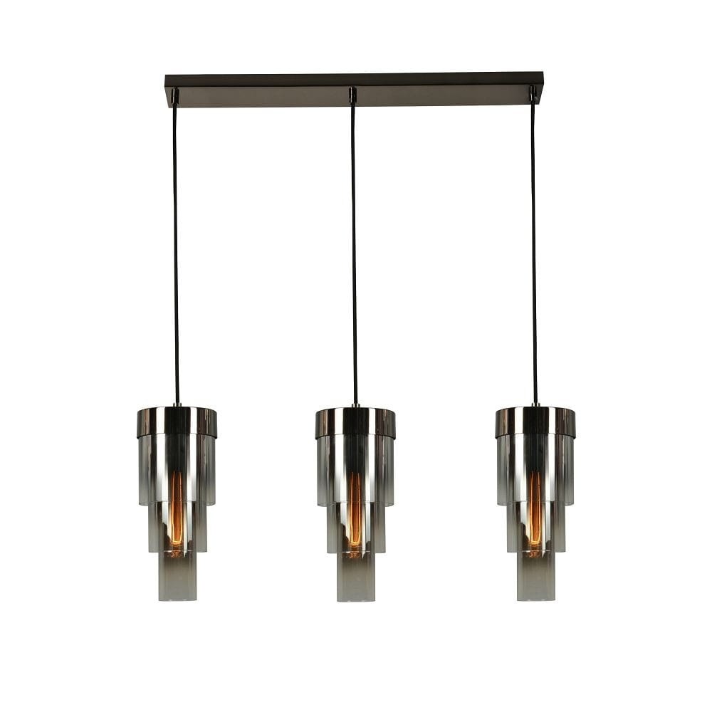 Lampa wisząca Grans 3xE27 w kolorze czarnym i chromowanym, z trzema szklanymi kloszami w kształcie walca. Klosze zawieszone na czarnych przewodach, montowane na prostokątnej podstawie. Idealna do nowoczesnych wnętrz.