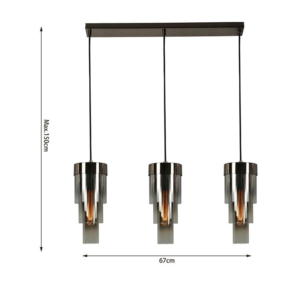 Lampa wisząca Grans 3xE27 w kolorze czarnym z chromowanymi detalami. Posiada trzy szklane klosze w kształcie cylindrów, zawieszone na czarnych linkach. Wymiary: maksymalna wysokość 150 cm, szerokość 67 cm.