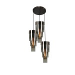 Lampa wisząca Grans 3xE27 w kolorze czarnym i chromowanym z trzema szklanymi kloszami o geometrycznym kształcie. Zwisająca na czarnych linkach, zamontowana na okrągłej podstawie. Wymiary kloszy różnią się, co tworzy efektowną kompozycję.
