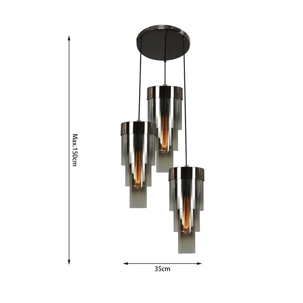 Lampa wisząca Grans 3xE27 w kolorze czarnym i chromowanym. Posiada trzy przezroczyste klosze w formie cylindrów, zawieszone na regulowanych linkach, z maksymalną wysokością 150 cm i średnicą 35 cm.