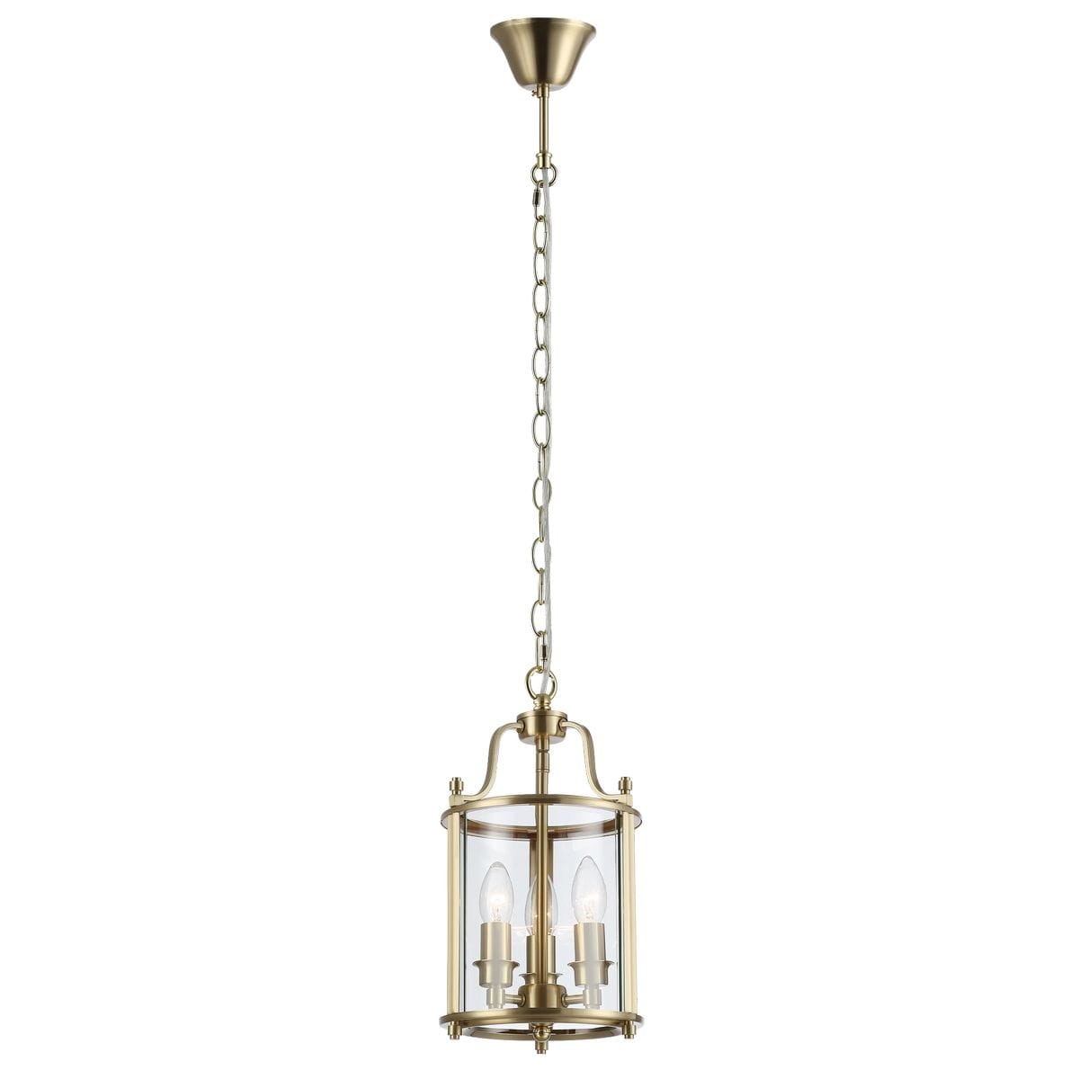 Lampa wisząca New York z mosiądzu, zawieszona na łańcuchu. Owalny klosz z przezroczystego szkła, z trzema gniazdami E14. Złote detale oraz elegancka konstrukcja, idealna do nowoczesnych wnętrz.