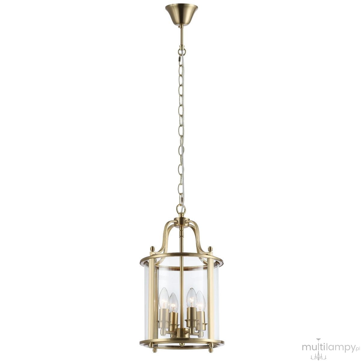 Lampa wisząca New York w kolorze mosiądzu z przezroczystym kloszem, zawierająca cztery oprawy na żarówki E14. Ujęcie z przodu, zawieszona na łańcuchu. Prosty, elegancki design, idealna do nowoczesnych wnętrz.