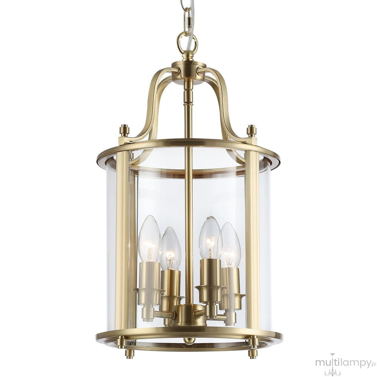 Lampa wisząca New York w kolorze mosiądzu z przezroczystym kloszem. Posiada cztery źródła światła E14, montowana na łańcuchu. Kształt cylindryczny z dekoracyjnym wykończeniem, widok z boku.