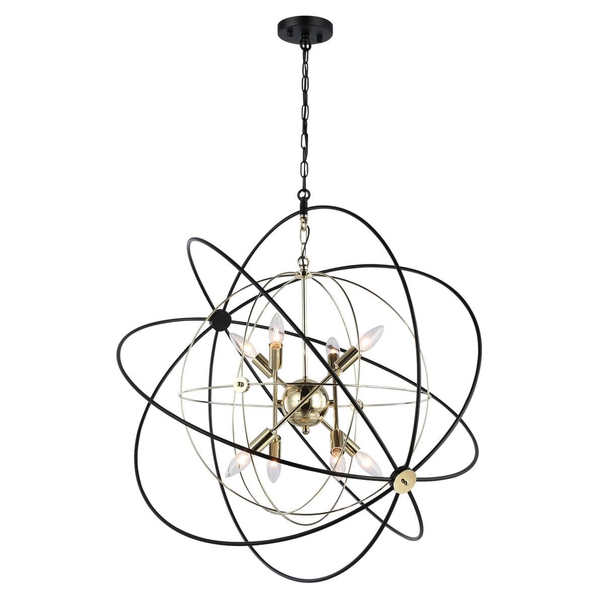 Lampa wisząca Roxbury z 8 gniazdami E14, w kolorze czarnym i złotym. Otwarta konstrukcja z metalowymi pierścieniami, centralna część w złotym kolorze z żarówkami. Zawieszona na łańcuchu, idealna do nowoczesnych wnętrz.