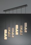Lampa wisząca Stream z sześcioma kloszami GU10 w odcieniach czerni i multikoloru, zawieszona na prostokątnej, czarnej podstawie. Klosze mają spiralny kształt, różnią się kolorami, tworząc nowoczesny efekt świetlny.