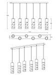 Czarna lampa wisząca Stream z sześcioma kloszami GU10 w kształcie spiralnym, umieszczona na prostokątnej listwie. Wymiary: długość 100 cm, wysokość 150 cm. Idealna do nowoczesnych wnętrz, oferująca multikolorowe możliwości oświetlenia.