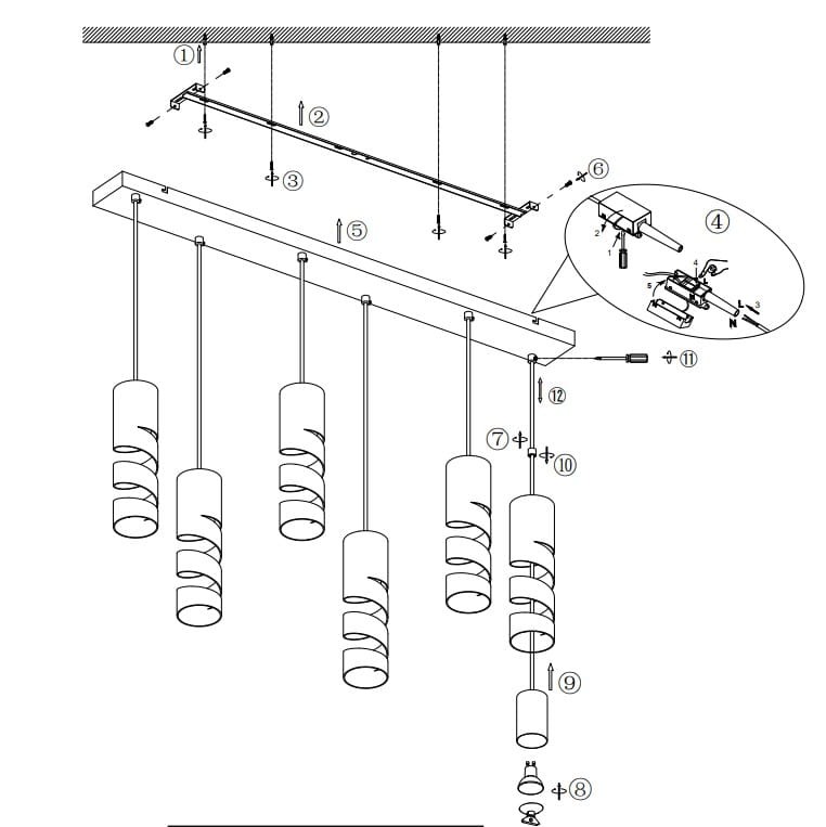 Lampa wisząca Stream z sześcioma oprawami GU10 w kolorze czarnym z multikolorowymi kloszami. Ułożona w poziomie, z widoczną instalacją i detalami montażowymi, idealna do nowoczesnych wnętrz.